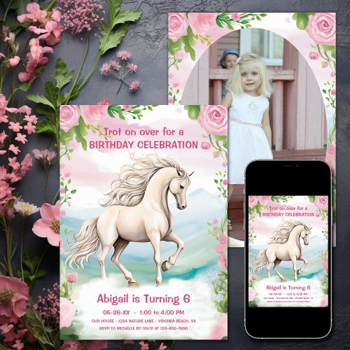 Pretty White Horse and Pink Flowers Photo Birthday Invitation