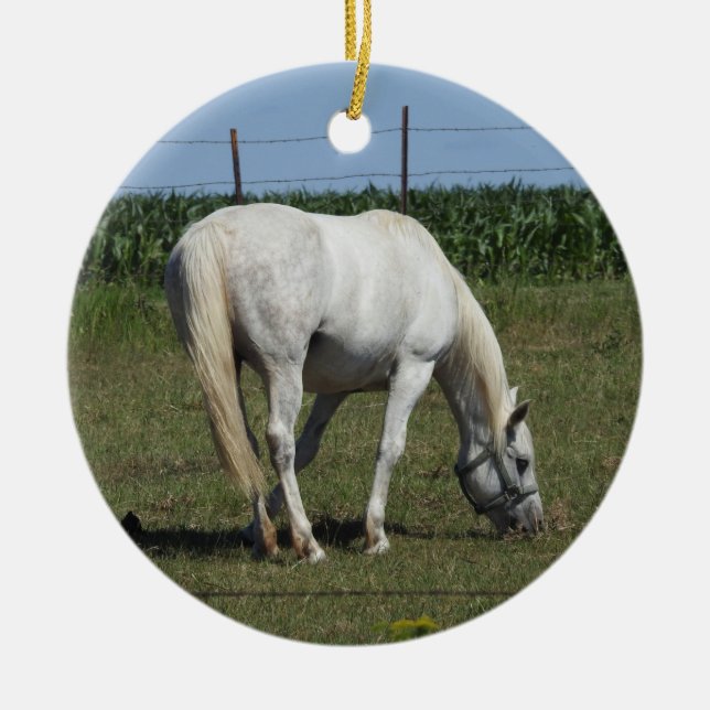 Pretty White Horse Christmas Ceramic Ornament (Front)