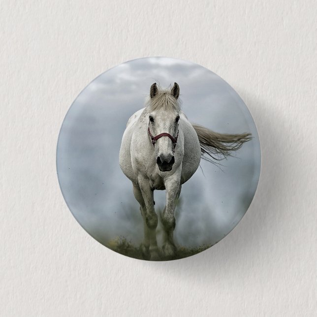 Pretty White Horse Cloud Photo Button (Front)