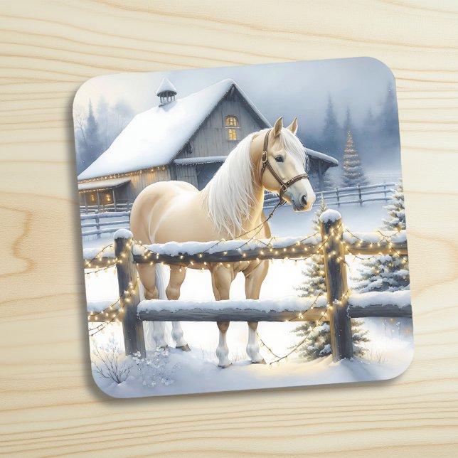 Pretty White Horse Farm Christmas Personalized Beverage Coaster (Creator Uploaded)
