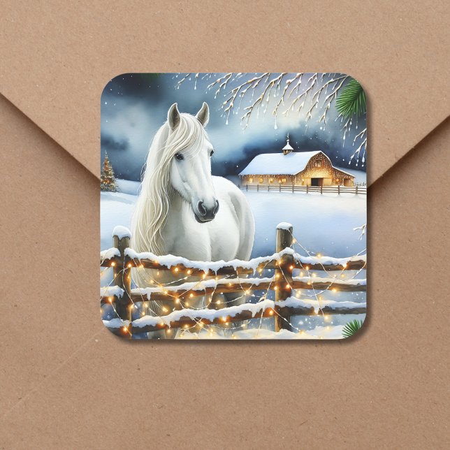 Pretty White Horse Farm Christmas  Square Sticker (Creator Uploaded)