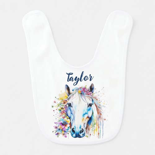 Pretty White Horse Floral Personalized  Baby Bib