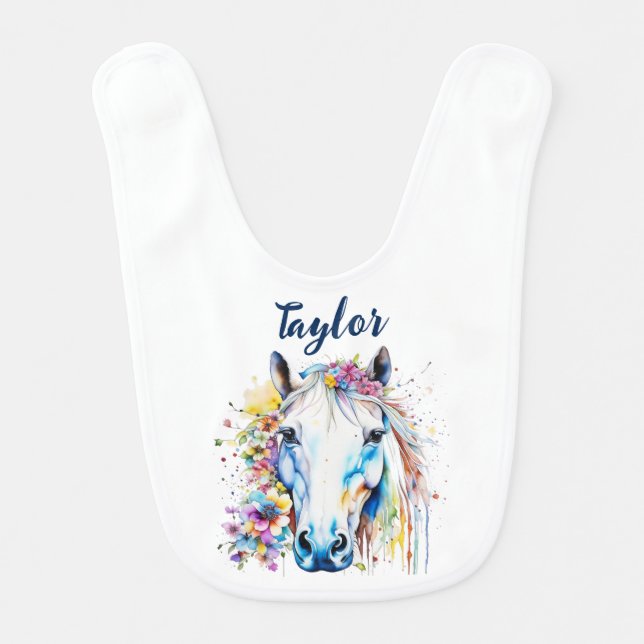 Pretty White Horse Floral Personalized  Baby Bib (Front)