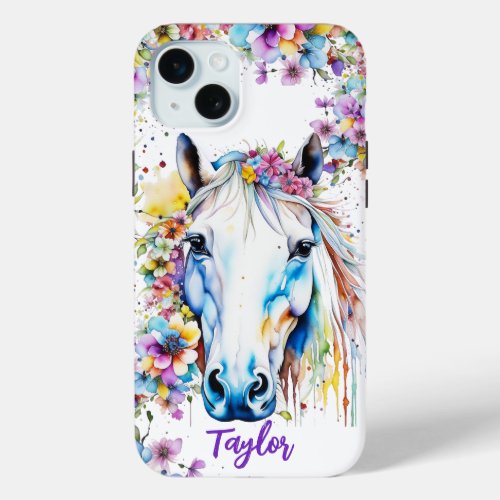Pretty White Horse Floral Personalized  iPhone 15 Plus Case