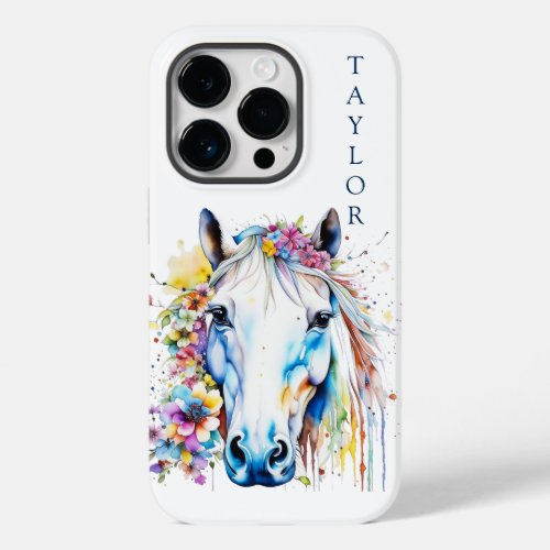 Pretty White Horse Floral Personalized  Case_Mate iPhone 14 Pro Case