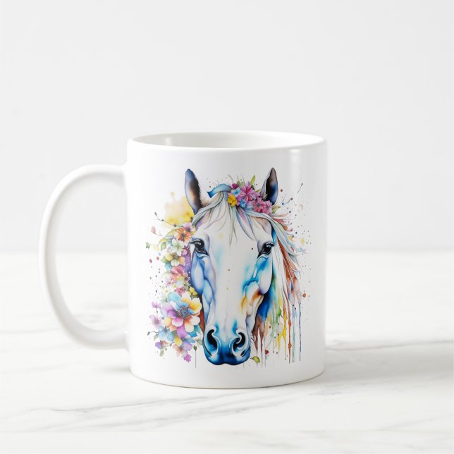 Pretty White Horse Floral Personalized  Coffee Mug (Left)