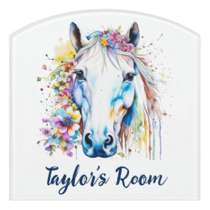 Pretty White Horse Floral Personalized Door Sign