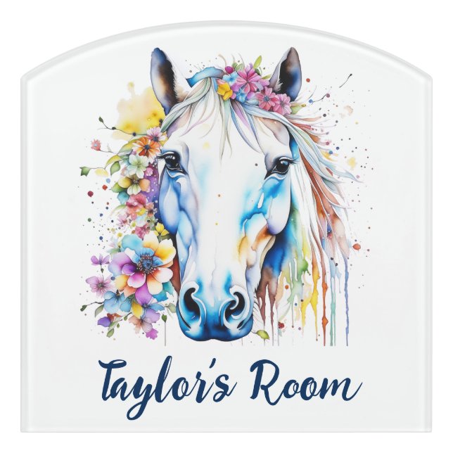 Pretty White Horse Floral Personalized  Door Sign (Contour Front)