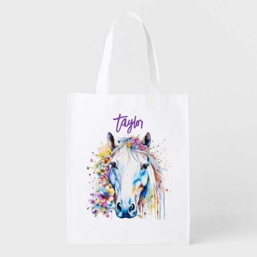 Pretty White Horse Floral Personalized Grocery Bag
