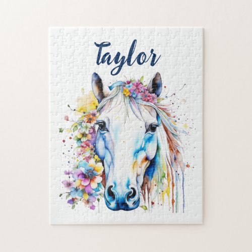Pretty White Horse Floral Personalized  Jigsaw Puzzle