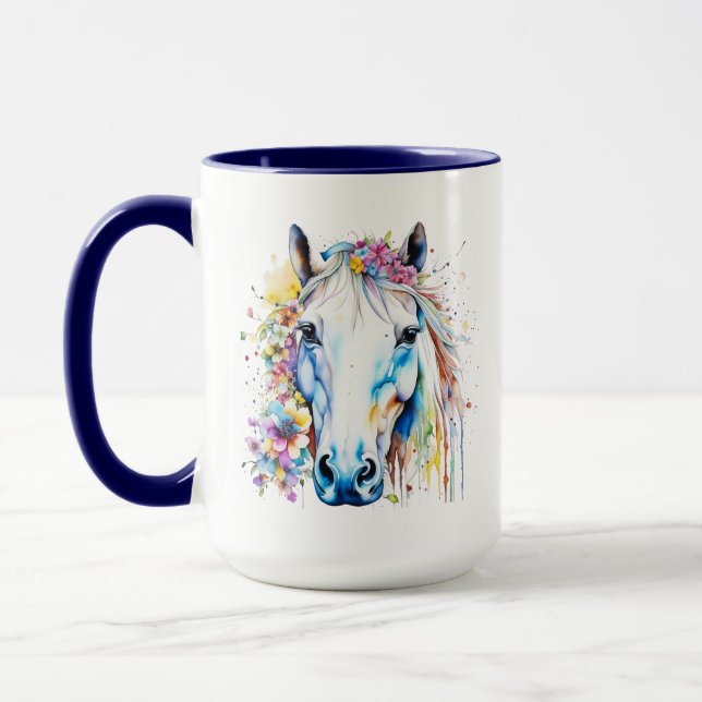 Pretty White Horse Floral Personalized  Mug (Left)