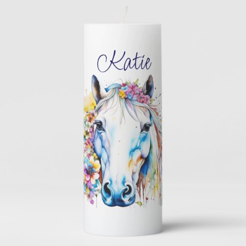 Pretty White Horse Floral Personalized  Pillar Candle