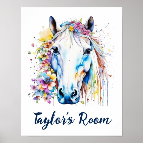 Pretty White Horse Floral Personalized  Poster