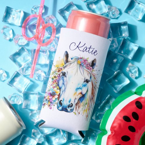 Pretty White Horse Floral Personalized  Seltzer Can Cooler
