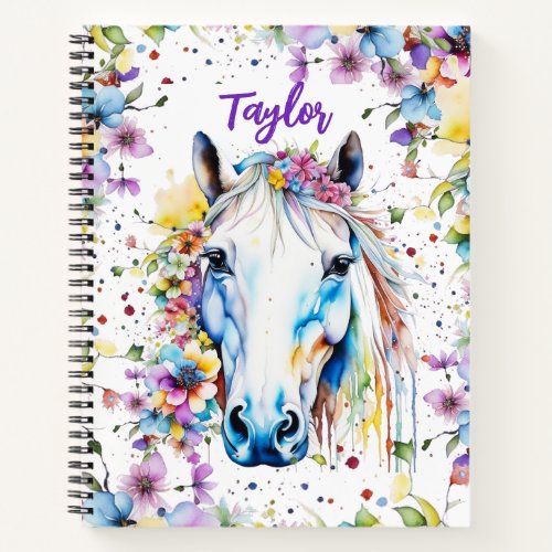 Pretty White Horse Floral Personalized Sketchbook Notebook