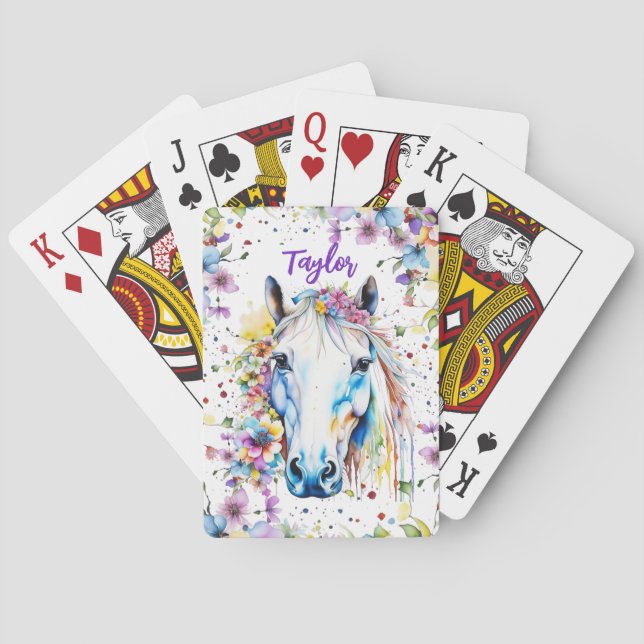 Pretty White Horse Floral Personalized Sketchbook Poker Cards (Back)