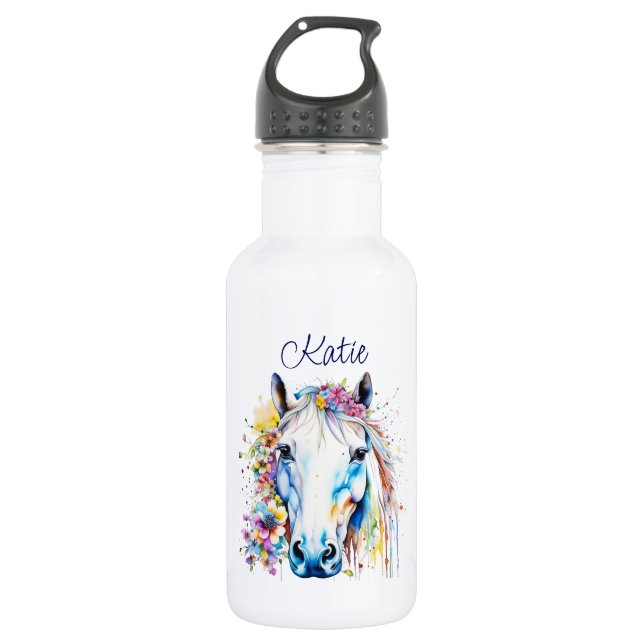 Pretty White Horse Floral Personalized  Stainless Steel Water Bottle (Front)