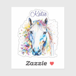 Pretty White Horse Floral Personalized  Sticker