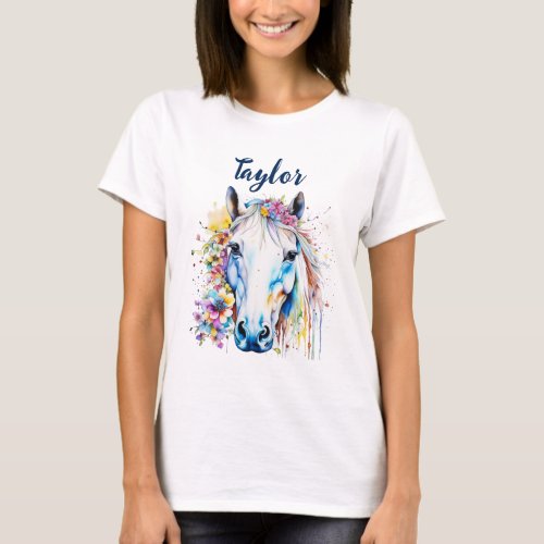 Pretty White Horse Floral Personalized  T_Shirt