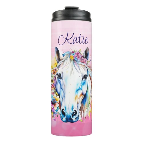 Pretty White Horse Floral Personalized  Thermal Tumbler