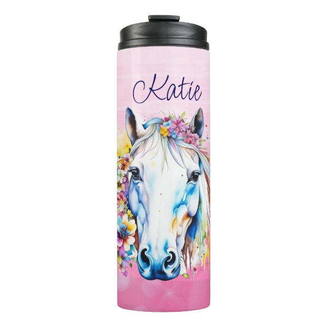 Pretty White Horse Floral Personalized  Thermal Tumbler (Front)