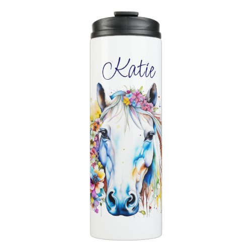 Pretty White Horse Floral Personalized  Thermal Tumbler
