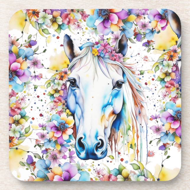 Pretty White Horse Floral Purple and Pink Beverage Coaster (Front)