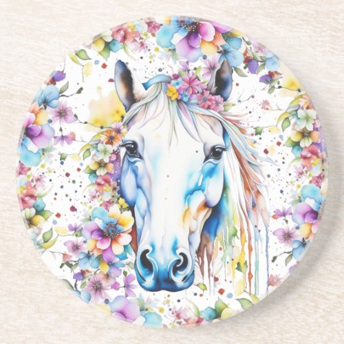 Pretty White Horse Floral Purple and Pink Coaster