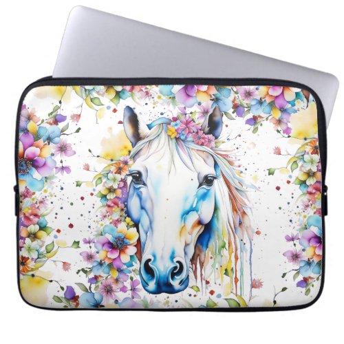 Pretty White Horse Floral Purple and Pink Laptop Sleeve