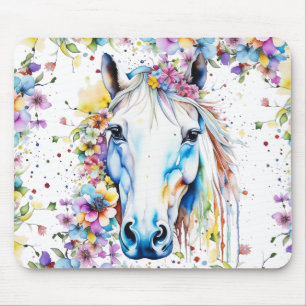 Pretty White Horse Floral Purple and Pink Mouse Pad