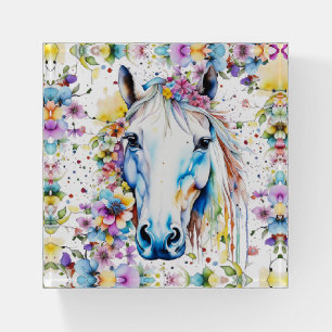 Pretty White Horse Floral Purple and Pink Paperweight