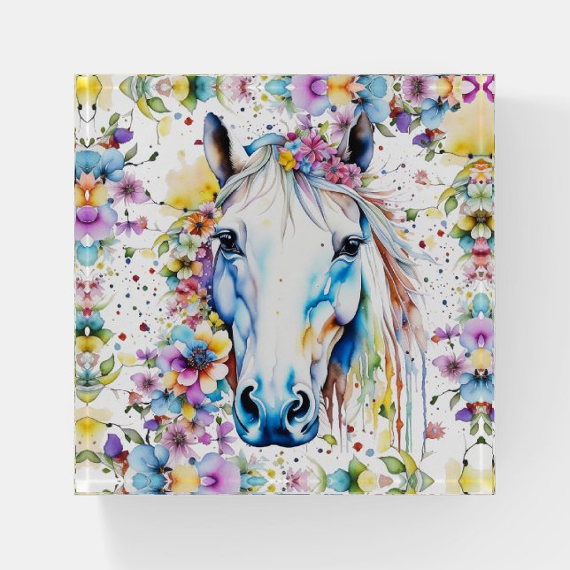 Pretty White Horse Floral Purple and Pink Paperweight (Front)