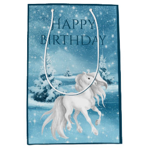Pretty White Horse on Snowy Winter Night Birthday Medium Gift Bag