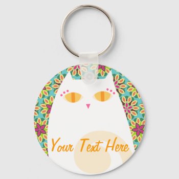 Pretty White Kitty On Floral - Custom Key Chain by creativetaylor at Zazzle