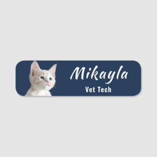 Pretty White Kitty Vet Tech Name Tag