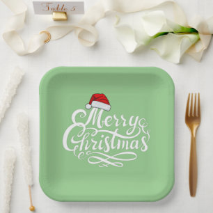 Pretty white lettering text mint green Santa Xmas Paper Plates