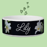 Pretty White Lilies Black Background Sophisticated Bowl<br><div class="desc">Pretty White Lilies Black Background Sophisticated Bowl features four white lilies equally spaced. In between the lilies in beautiful script is your pet's name. We've added the name Lily but you can add your pet's name and the images to suit yourself and your pet. The photographs of white lilies against...</div>