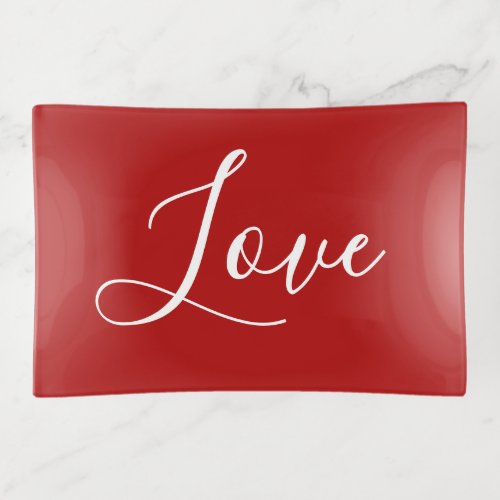 Pretty White Love Typography Art On Red Background Trinket Tray