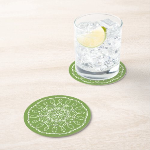 Pretty White Mandala on Green Round Paper Coaster