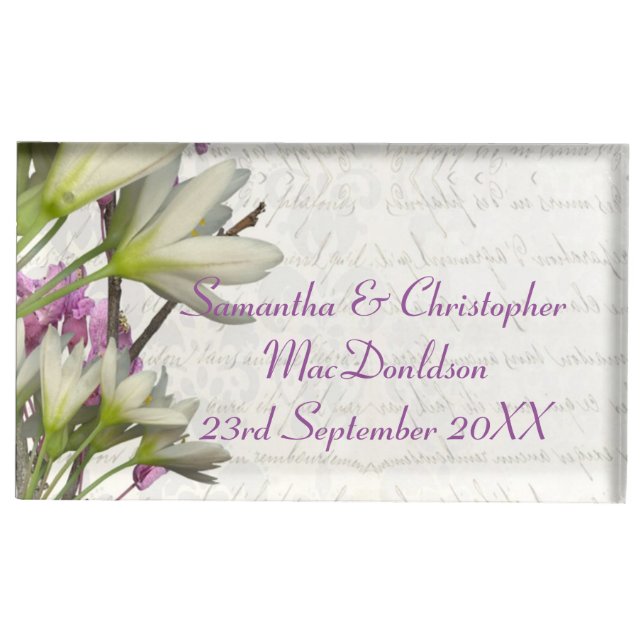 Pretty white mauve floral flower blossom wedding table number holder (Front)