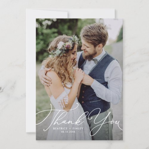 Pretty White Modern Calligraphy Photo Wedding Thank You Card