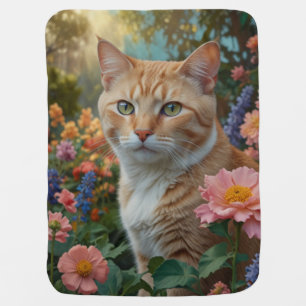 Pretty white orange cat in floral garden baby blanket