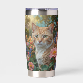 Pretty white orange cat in floral garden insulated tumbler