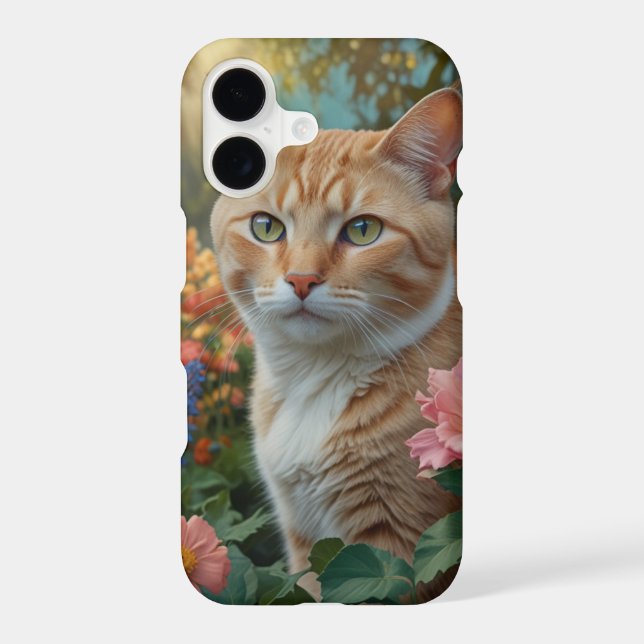Pretty white orange cat in floral garden iPhone case (Back)
