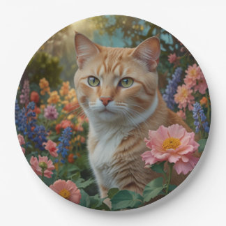 Pretty white orange cat in floral garden paper plates