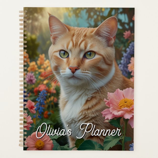 Pretty white orange cat in floral garden planner (Front)