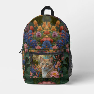 Pretty white orange cat in floral garden printed backpack