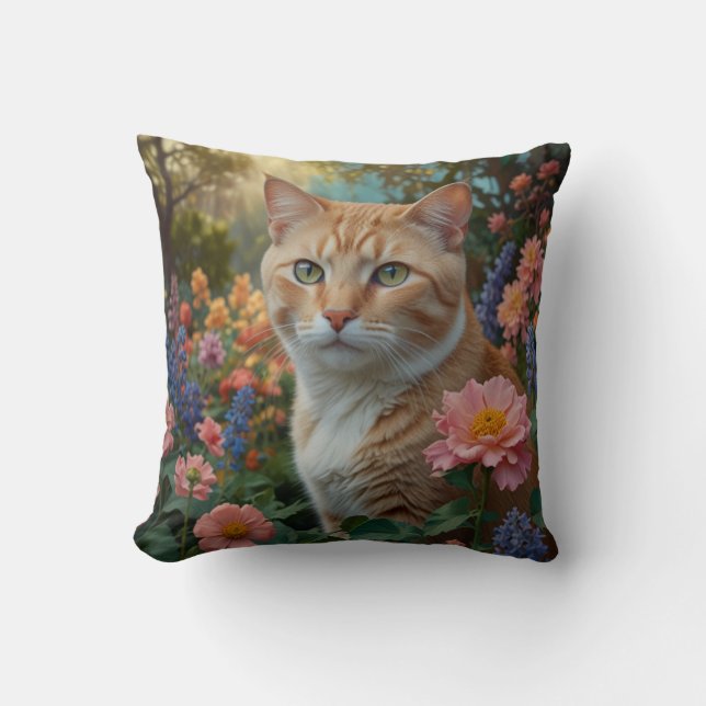 Pretty white orange cat in floral garden throw pillow (Front)