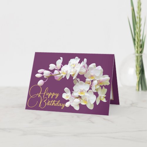 Pretty White Orchid Purple Backdrop Happy Birthday Card
