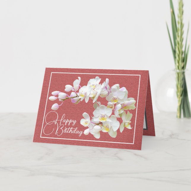 Pretty White Orchid Red Backdrop Happy Birthday Card (Front)